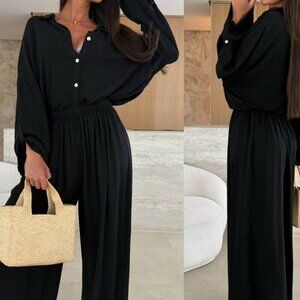 Black Casual Women's Front Button Loose Shirt & Pants Set